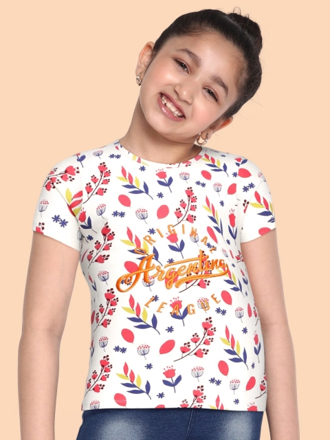 

HERE&NOW Girls White Floral Printed Pure Cotton T-shirt