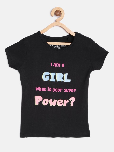 

HERENOW Girls Black Typography Printed Pure Cotton T-shirt