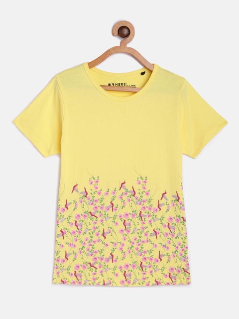 

HERENOW Girls Yellow Floral Printed Pure Cotton T-shirt