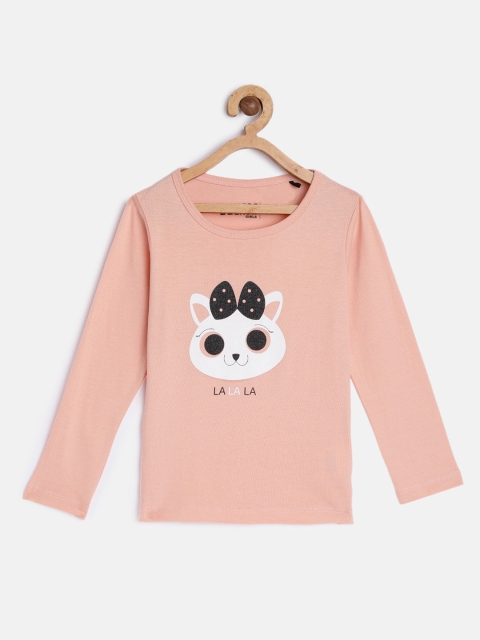 

HERE&NOW Girls Peach-Coloured Printed Pure Cotton T-shirt