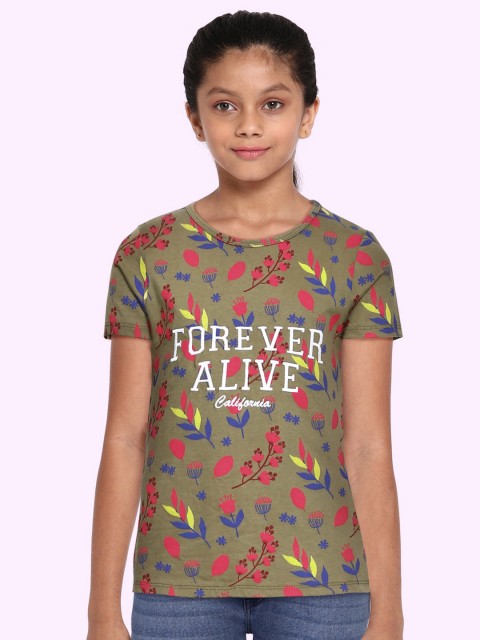 

HERE&NOW Girls Olive Green Floral Print Round Neck Embroidered Pure Cotton T-shirt