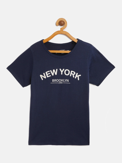 

HERENOW Girls Navy Blue Pure Cotton Printed Pure Cotton T-shirt