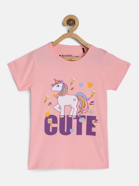 

HERENOW Girls Pink Graphic Print Pure Cotton T-shirt