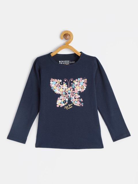 

HERE&NOW Navy Blue Pure Cotton Floral Regular Top