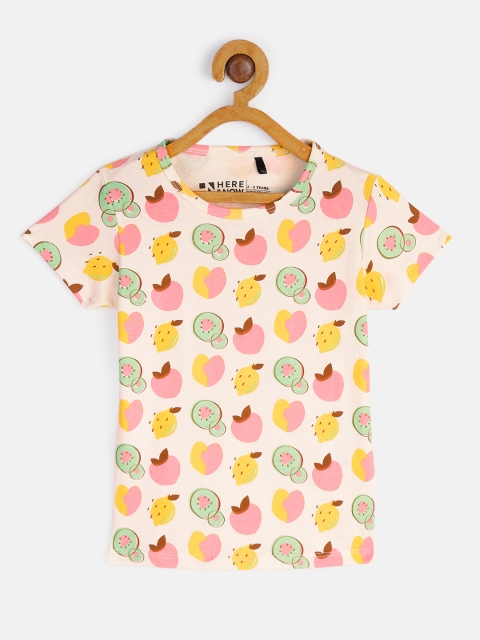 

HERE&NOW Girls White & Pink Fruits Printed Pure Cotton T-shirt