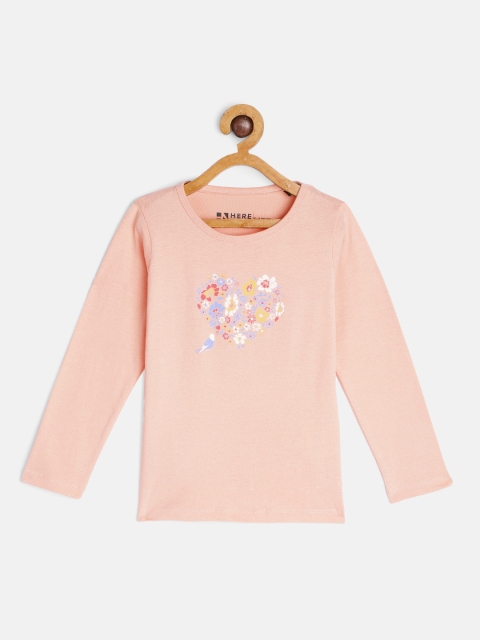 

HERENOW Girls Pink Floral Printed Pure Cotton T-shirt