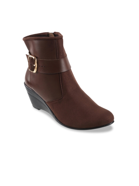 

WALKWAY Women Coffee Brown Solid Mid-Top Suede Finish Heeled Boots