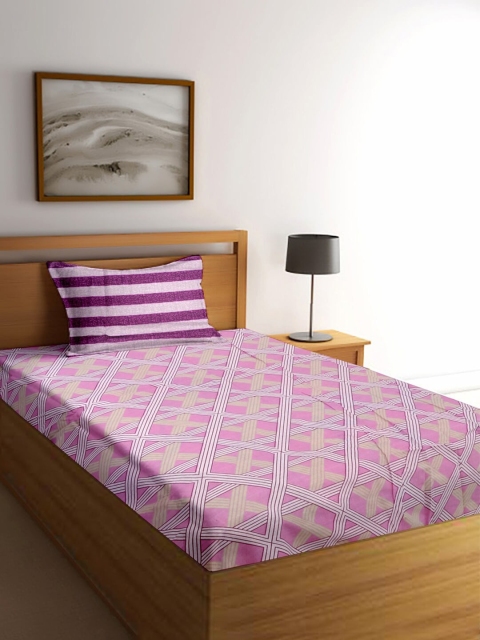

Cortina Pink & White Geometric 144 TC Cotton 1 Single Bedsheet with 1 Pillow Covers