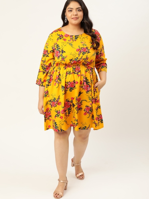

Sztori Women Plus Size Mustard Yellow & Pink Floral A-Line Dress