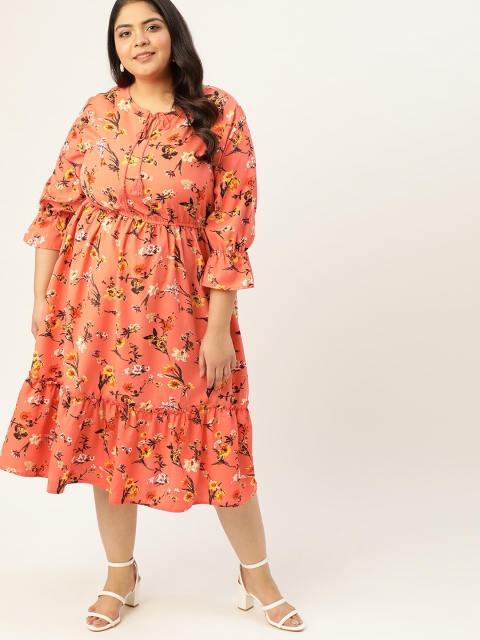 

Sztori Plus Size Peach & Yellow Floral Tie-Up Neck Empire Midi Dress