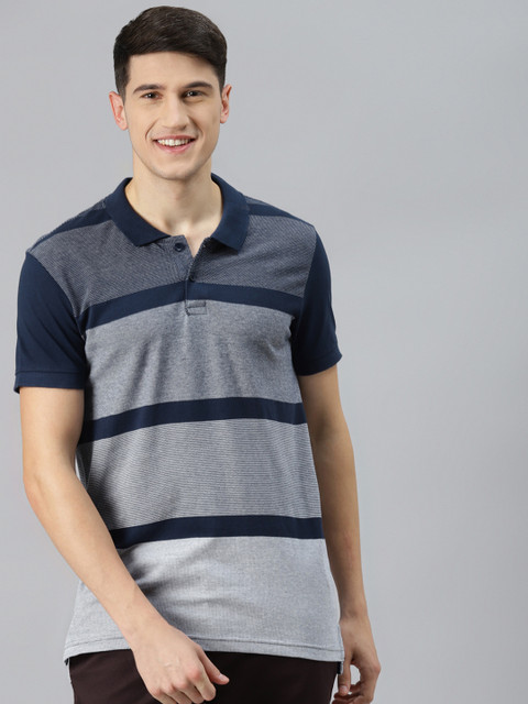 

Mast & Harbour Men Navy Blue & White Striped Polo Collar Organic Cotton T-shirt