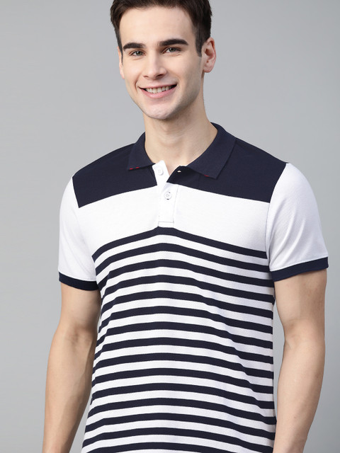

Mast & Harbour Men White & Navy Blue Pure Cotton Striped Polo Collar T-shirt