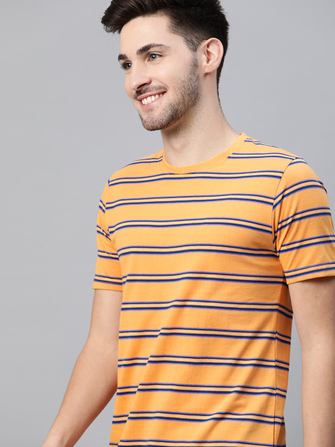 

Mast Harbour Men Yellow Navy Blue Handcrafted Striped Pure Cotton T-shirt