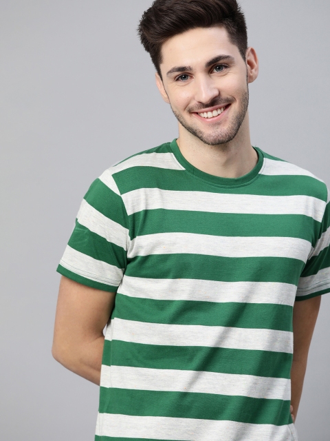 

Mast & Harbour Men Green & Off White Handcrafted Pure Cotton Striped T-shirt