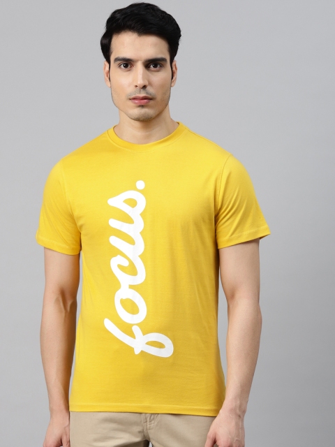 

Mast Harbour Men Mustard Yellow White Typography Printed Pure Cotton T-shirt