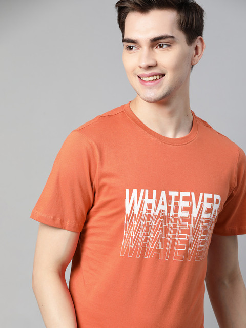 

Mast & Harbour Men Rust Orange & White Typography Printed Handcrafted Pure Cotton T-shirt