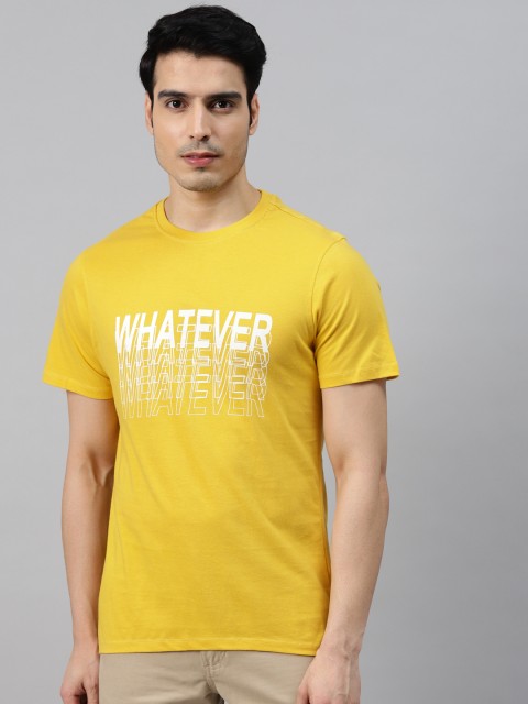 

Mast Harbour Men Mustard Yellow White Typography Printed Pure Cotton T-shirt, Multi