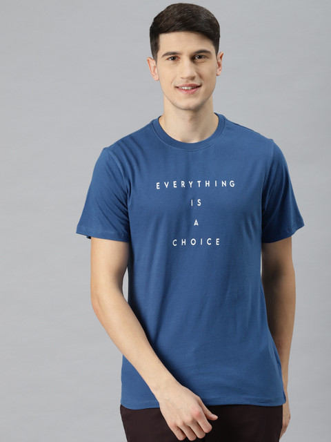 

Mast Harbour Men Blue White Typography Printed Pure Cotton T-shirt