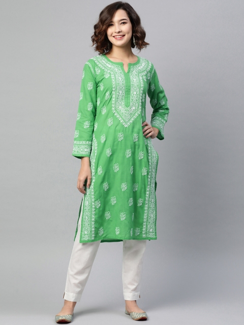 

ADA Women Green & White Ethnic Motifs Hand Embroidered Chikankari Sustainable Kurta