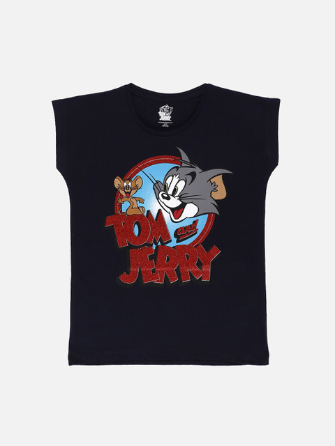 

Kids Ville Tom & Jerry Featured Girls Navy Blue & Red Print Cotton T-shirt