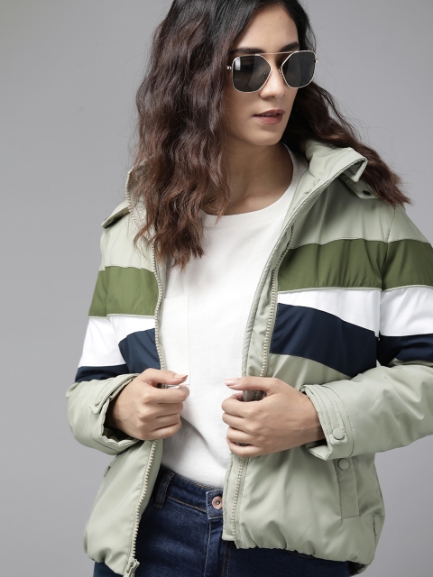 

Roadster Women Green & Navy Blue Striped Hooded Padded Jacket