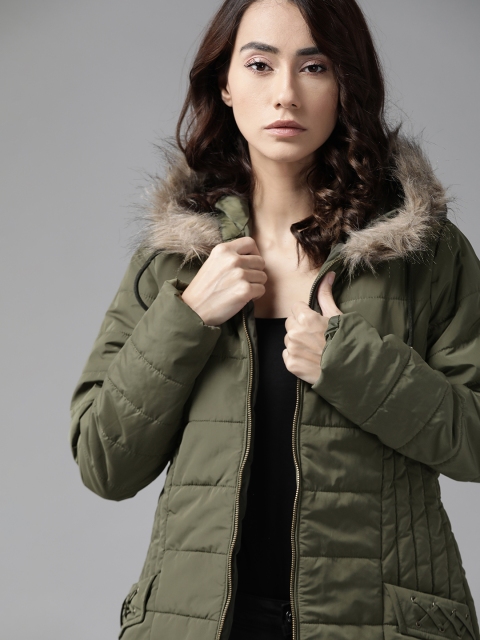 

Roadster Women Olive Green Solid Hooded Longline Parka Jacket