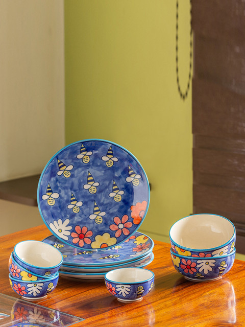 

ExclusiveLane Set Of 10 Blue & Yellow Hand-Painted Ceramic Dinner Set