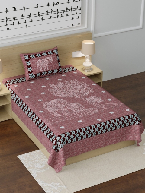 

LIVING ROOTS Maroon & White Ethnic Motifs 210 TC Cotton 1 Single Bedsheet with 1 Pillow Covers