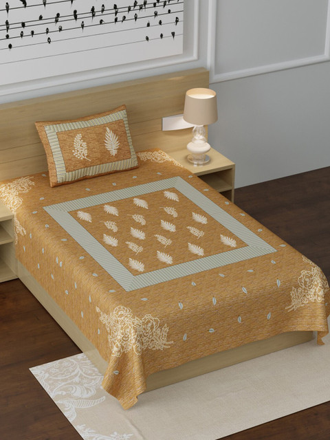 

LIVING ROOTS Camel Brown & Green Ethnic Motifs 210 TC Cotton 1 Single Bedsheet with 1 Pillow Covers