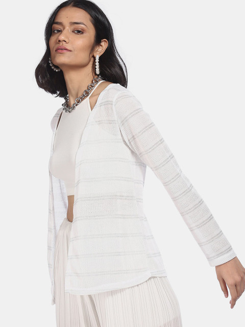 

Sugr Women White & Silver-Toned Striped Shrug