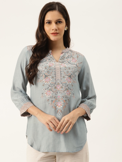 

Ritu Kumar Women Grey & White Mandarin Collar Ethnic Motifs Printed Tunic