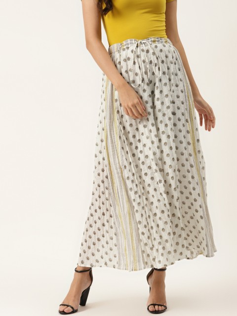 

Ritu Kumar Women Off White & Green Ethnic Motifs Printed Flared Knitted Palazzos