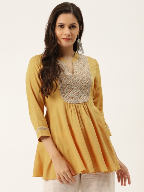 

Ritu Kumar Yellow & Off White Viscose Rayon Mandarin Collar Embroidered Gathered Tunic