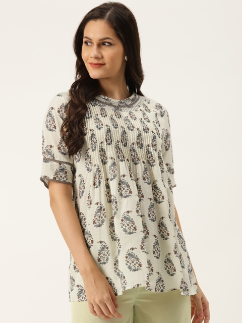 

Ritu Kumar Off White & Navy Blue Paisley Printed Pintucks Detail A-Line Kurti
