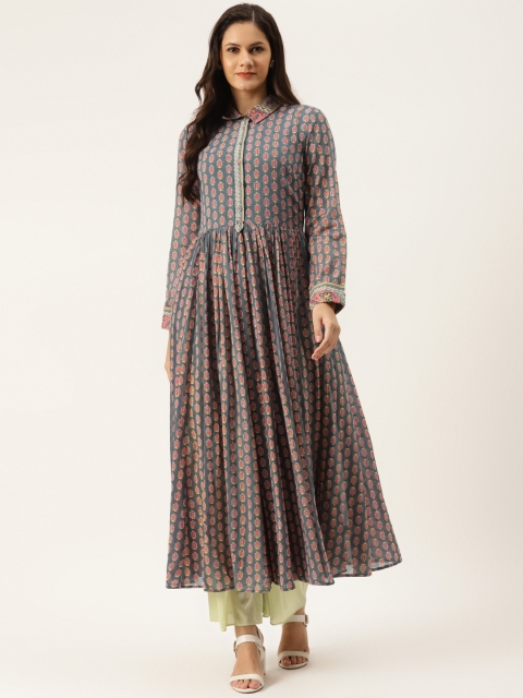 

Ritu Kumar Women Charcoal Grey & Pink Ethnic Motifs Printed Anarkali Kurta