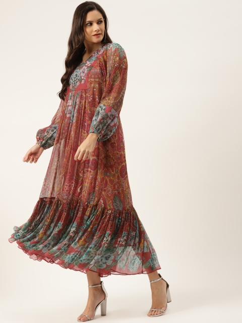

Ritu Kumar Red & Off White Floral A-Line Midi Dress