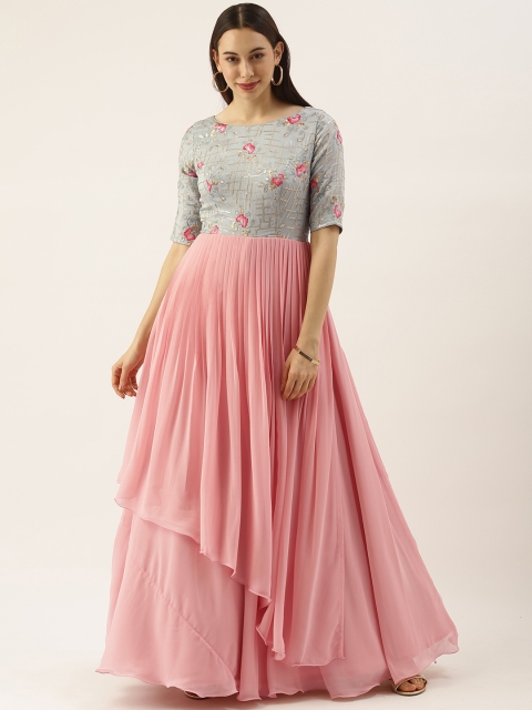 

EthnoVogue Women Pink & Grey Layered Georgette Made to Measure Maxi Dress