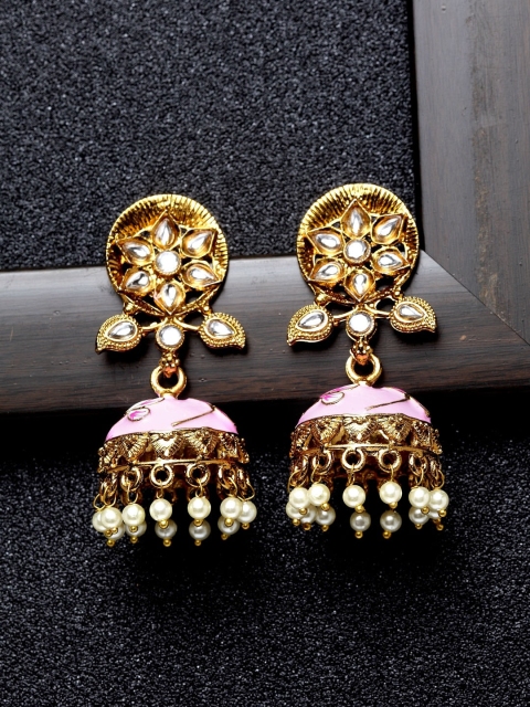 

Ibtida Pink Gold-Plated Stone Studded & Beaded Enamelled Dome Shaped Jhumkas