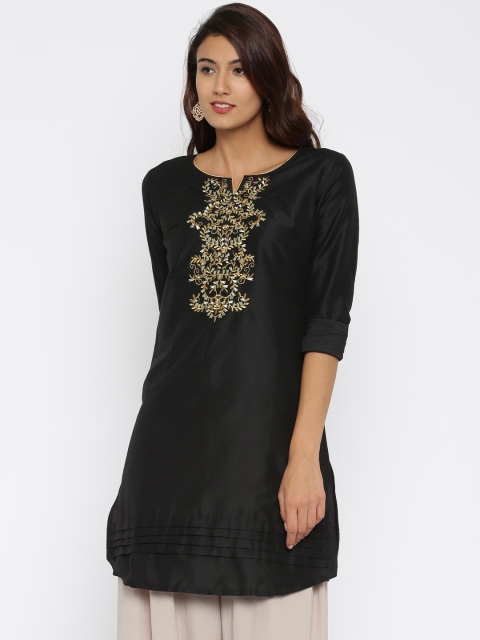 

Anouk Women Black Solid Embroidered Straight Kurta