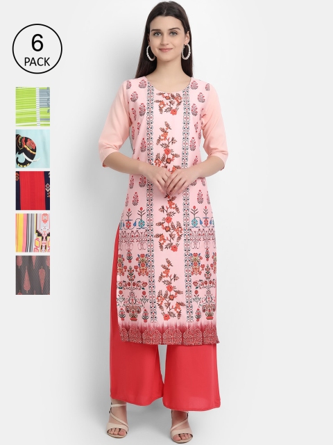 

Ethnic basket Women Pack Of 6 Multicoloured Floral Printed Crepe Kurtas, Multi
