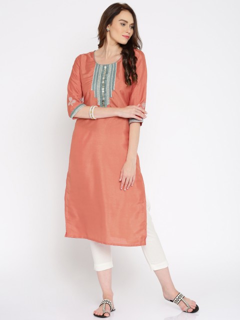 

Anouk Women Peach-Coloured Solid Straight Kurta