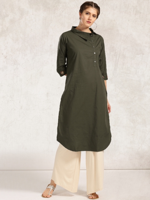 

Anouk Women Olive Green Solid Straight Kurta
