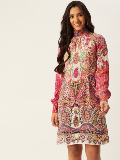 

Label Ritu Kumar Women Pink & Off-White Ethnic Motifs Print A-Line Dress