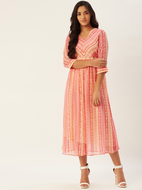 

Label Ritu Kumar Pink & Cream-Coloured Ethnic Motifs Midi Fit & Flare Dress