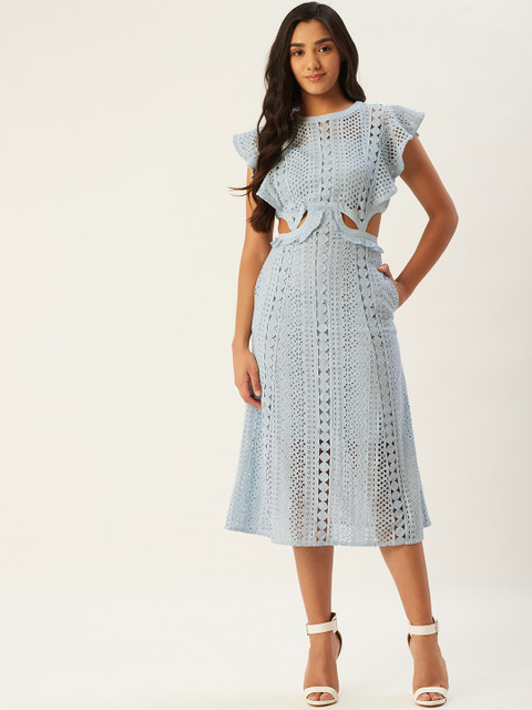 

Label Ritu Kumar Women Blue Self Design Cut-Outs Detail A-Line Pure Cotton Midi Dress