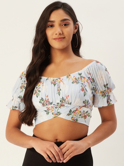 

Label Ritu Kumar Blue Floral Puff Sleeves Bardot Crop Top with Tie-Up