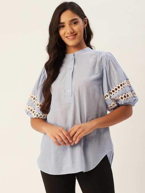 

Label Ritu Kumar Blue Cotton Mandarin Collar Puff Sleeves Chambray Top