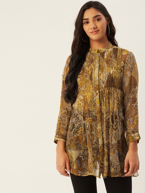 

Label Ritu Kumar Women Mustard Yellow & Brown Mandarin Collar Pleated Printed Tunic