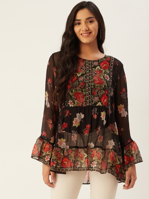 

Label Ritu Kumar Black & Red Floral Bell Sleeves Top with Camisole