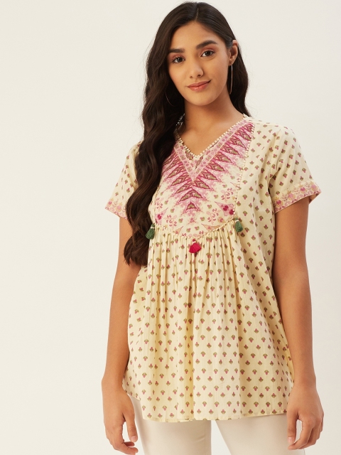 

aarke Ritu Kumar Women Off-White & Pink Cotton Floral Print A-Line Kurti